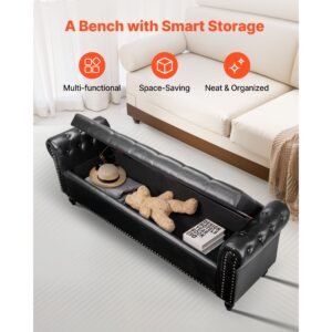button tufted storage ottoman bench, rolled arm pu leather bench with solid wood legs, modern shoe benches seat for entryway, upholstered end of bed benches for living room, dining room, black