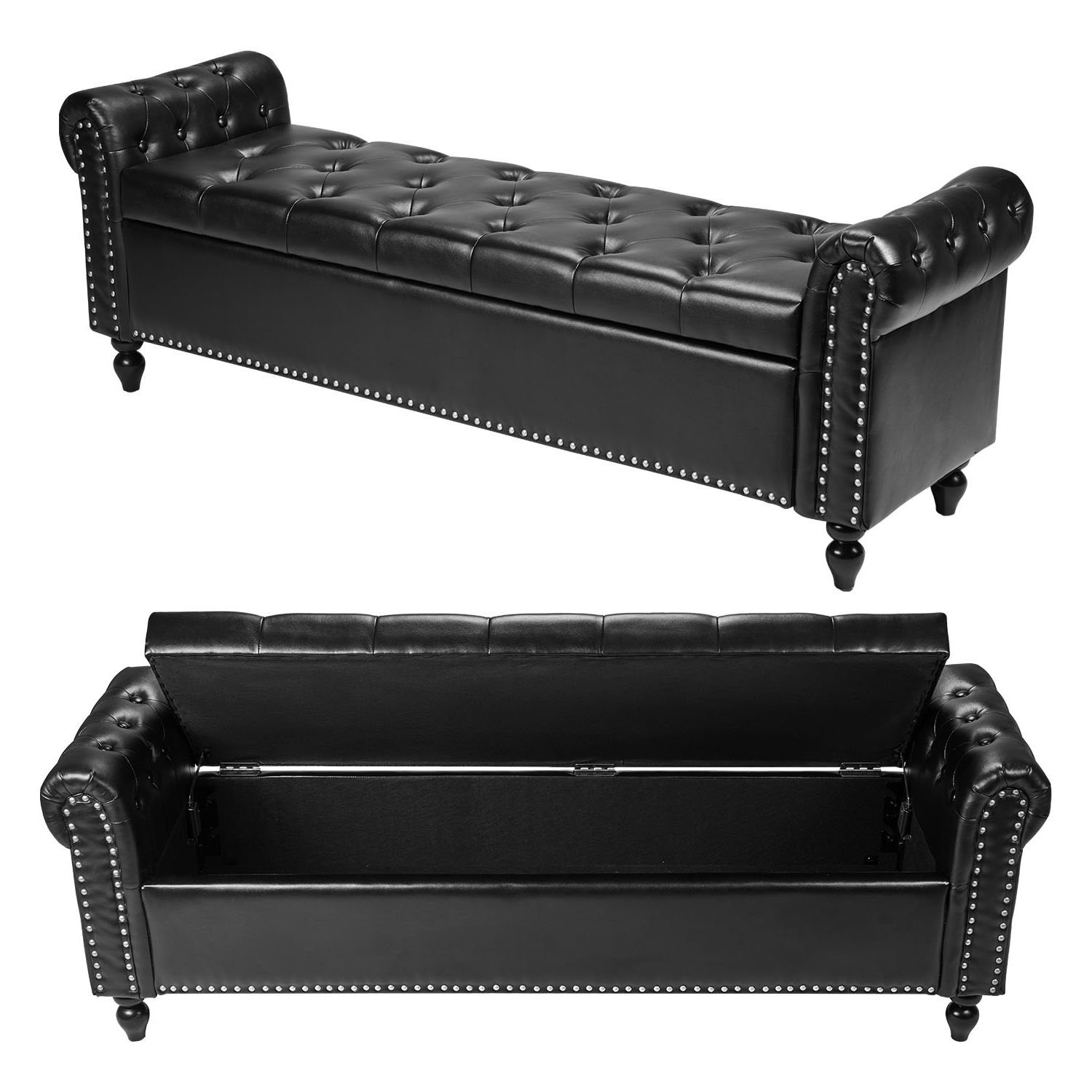 button tufted storage ottoman bench, rolled arm pu leather bench with solid wood legs, modern shoe benches seat for entryway, upholstered end of bed benches for living room, dining room, black