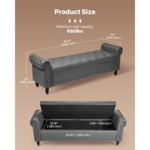 button tufted storage ottoman bench, rolled arm pu leather bench with solid wood legs, modern shoe benches seat for entryway, upholstered end of bed benches for living room, dining room, gray