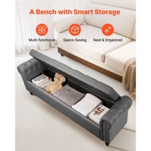 button tufted storage ottoman bench, rolled arm pu leather bench with solid wood legs, modern shoe benches seat for entryway, upholstered end of bed benches for living room, dining room, gray