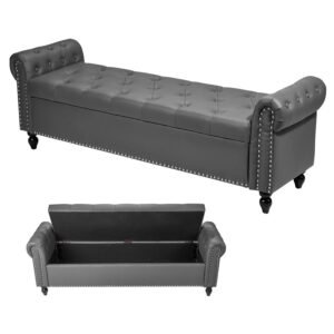 Button-Tufted Storage Ottoman Bench, Rolled Arm PU Leather Bench with Solid Wood Legs, Modern Shoe Benches Seat for Entryway, Upholstered End of Bed Benches for Living Room, Dining Room, Gray