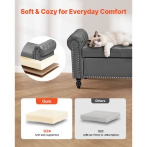 button tufted storage ottoman bench, rolled arm pu leather bench with solid wood legs, modern shoe benches seat for entryway, upholstered end of bed benches for living room, dining room, gray