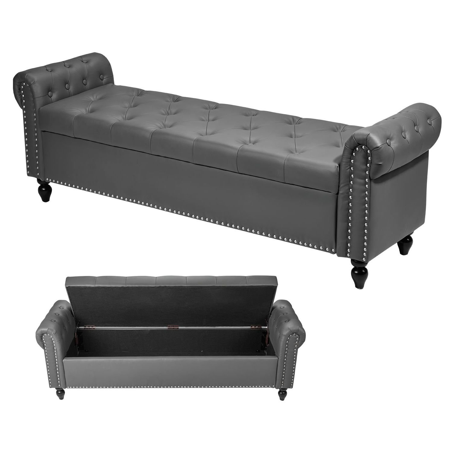 button tufted storage ottoman bench, rolled arm pu leather bench with solid wood legs, modern shoe benches seat for entryway, upholstered end of bed benches for living room, dining room, gray