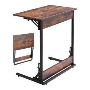 C Table, Folding C Shaped End Table with Metal Frame & Adjustable Feet, Foldable C Shaped Side Table for Living Room Bedroom Office, 23.62 x 14.57 x 27.56 inch C Shaped TV Tray, Brown and Black