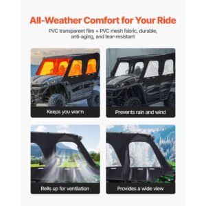cab enclosure upper doors, compatible with kawasaki teryx4 2012 2022, soft upper doors, windproof & waterproof upgraded zipper utv soft side window kit, work with roof and partial windshields