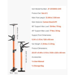 cabinet jack support pole, 2 pack, 21.3 60 inch steel telescopic quick support rod, adjustable 3rd hand system up to 154 lbs capacity for installing cabinets, lifting drywall, cargo bars