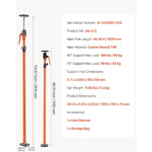 cabinet jack support pole, 2 pack, 49.2 114.6 inch steel telescopic quick support rod, adjustable 3rd hand system up to 198 lbs capacity for installing cabinets, lifting drywall, cargo bars