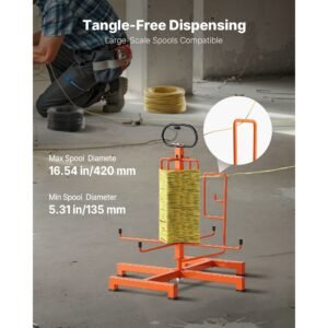 cable dispenser, floor or stud mounted, wire spool rack, portable wire rack dispenser with anti slip metal handle for wiring transport, swivel eyelet, for electrical, industrial and retail use