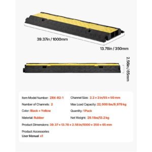 cable protector ramp, 22,000 lbs/axle capacity, 2 channel heavy duty rubber cord hose wire cover, 2.2 x 2 in channel, traffic speed bump with flip open top cover, for indoor outdoor, 1 pack
