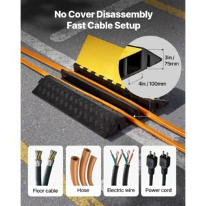 cable protector ramp, 22,000 lbs/axle capacity, 2 channel heavy duty rubber cord hose wire cover, 4 x 3 in channel, traffic speed bump with flip open top cover, for indoor outdoor use, 1 pack