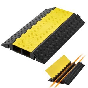Cable Protector Ramp, 22,000 lbs/axle Capacity, 2 Channel Heavy Duty Rubber Cord Hose Wire Cover, 4 x 3 in Channel, Traffic Speed Bump with Flip-Open Top Cover, for Indoor Outdoor Use, 1 Pack