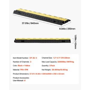 cable protector ramp, 22,000 lbs/axle capacity, 2 channel heavy duty tpu cord hose wire cover, 1.2 x 1.1 in channel, traffic speed bump with flip open top cover, for indoor outdoor use, 3 pack