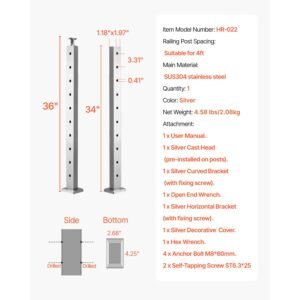 cable railing post, 36x1x2 inch level deck stair posts, 1 pack stainless steel cable handrail post, pre drilled pickets with mounting bracket stair railing kit, silver, 1jzlgzxys914i4bdb001v0