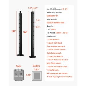 cable railing post, 36x2x2 inch corner railing post, with l shaped pre drilled holes, stainless steel cable rail post with horizontal and curved bracket, 1 pack, black, 1jzlgzxhs914zpbny001v0