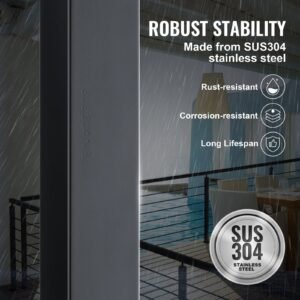 cable railing post, 42" x 2" x 2" steel level deck railing post without holes, sus304 stainless steel cable rail post, stair handrail post with horizontal and curved bracket, 1 pack, black