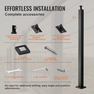 cable railing post, 42" x 2" x 2" steel level deck railing post without holes, sus304 stainless steel cable rail post, stair handrail post with horizontal and curved bracket, 1 pack, black