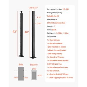 cable railing post, 42x1x2 inch level deck stair posts, 1 pack stainless steel cable handrail post, pre drilled pickets with mounting bracket stair railing kit, black, 1jzlgzxhs1063ggtd001v0