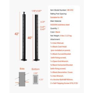 cable railing post, 42x1x2 inch stair railing post, with pre drilled 30° angled holes, stainless steel cable rail post with horizontal and curved bracket, 1 pack, black, 1jzlgzxhs106vra3x001v0