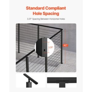 cable railing post, 42x2x2 inch corner railing post, with l shaped pre drilled holes, stainless steel cable rail post with horizontal and curved bracket, 1 pack, black, 1jzlgzxhs1065s1ew001v0