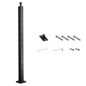 Cable Railing Post, 42x2x2 Inch Corner Railing Post, with L-Shaped Pre-Drilled Holes, Stainless Steel Cable Rail Post with Horizontal and Curved Bracket, 1-Pack, Black, 1JZLGZXHS1065S1EW001V0