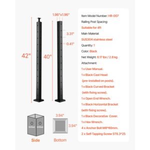 cable railing post, 42x2x2 inch corner railing post, with l shaped pre drilled holes, stainless steel cable rail post with horizontal and curved bracket, 1 pack, black, 1jzlgzxhs1065s1ew001v0