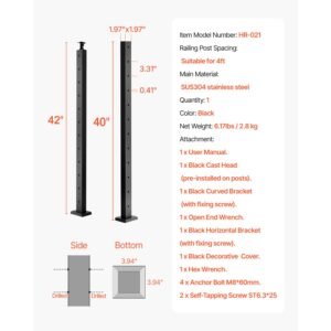 cable railing post, 42x2x2 inch level deck stair posts, 1 pack stainless steel cable handrail post, pre drilled pickets with mounting bracket stair railing kit, black, 1jzlgzxhs106awjo6001v0