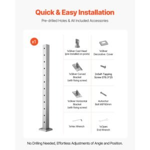 cable railing post, 42x2x2 inch level deck stair posts, 1 pack stainless steel cable handrail post, pre drilled pickets with mounting bracket stair railing kit, silver, 1jzlgzxys1061ef8w001v0