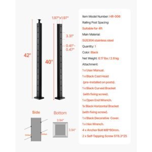 cable railing post, 42x2x2 inch stair railing post, with pre drilled 30° angled holes, stainless steel cable rail post with horizontal and curved bracket, 1 pack, black, 1jzlgzxhs106w3xaa001v0