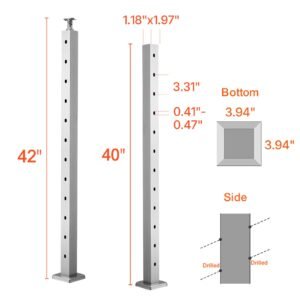 cable railing post, 42x2x2 inch stair railing post, with pre drilled 30° angled holes, stainless steel cable rail post with horizontal and curved bracket, 1 pack, silver, 1jzlgzxys1062tlwc001v0