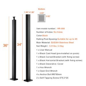 cable support post, 36" height, 2" width, steel construction, no pre drilled holes, made of durable sus304 stainless steel, includes horizontal and curved brackets for deck and stair handrail