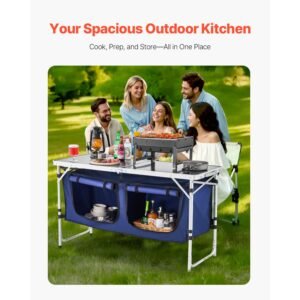 camping kitchen table, folding outdoor cooking table, 3 adjustable height, aluminum lightweight portable cook station with storage organizer, carry handle, for bbq party picnic rv travel, blue