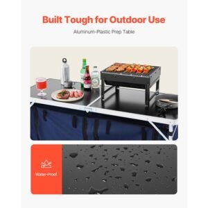 camping kitchen table, folding outdoor cooking table, 3 adjustable height, aluminum lightweight portable cook station with storage organizer, carry handle, for bbq party picnic rv travel, blue