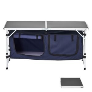 Camping Kitchen Table, Folding Outdoor Cooking Table, 3 Adjustable Height, Aluminum Lightweight Portable Cook Station with Storage Organizer, Carry Handle, for BBQ Party Picnic RV Travel, Blue