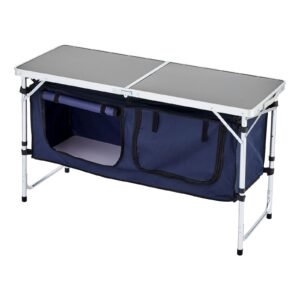 camping kitchen table, folding outdoor cooking table, 3 adjustable height, aluminum lightweight portable cook station with storage organizer, carry handle, for bbq party picnic rv travel, blue