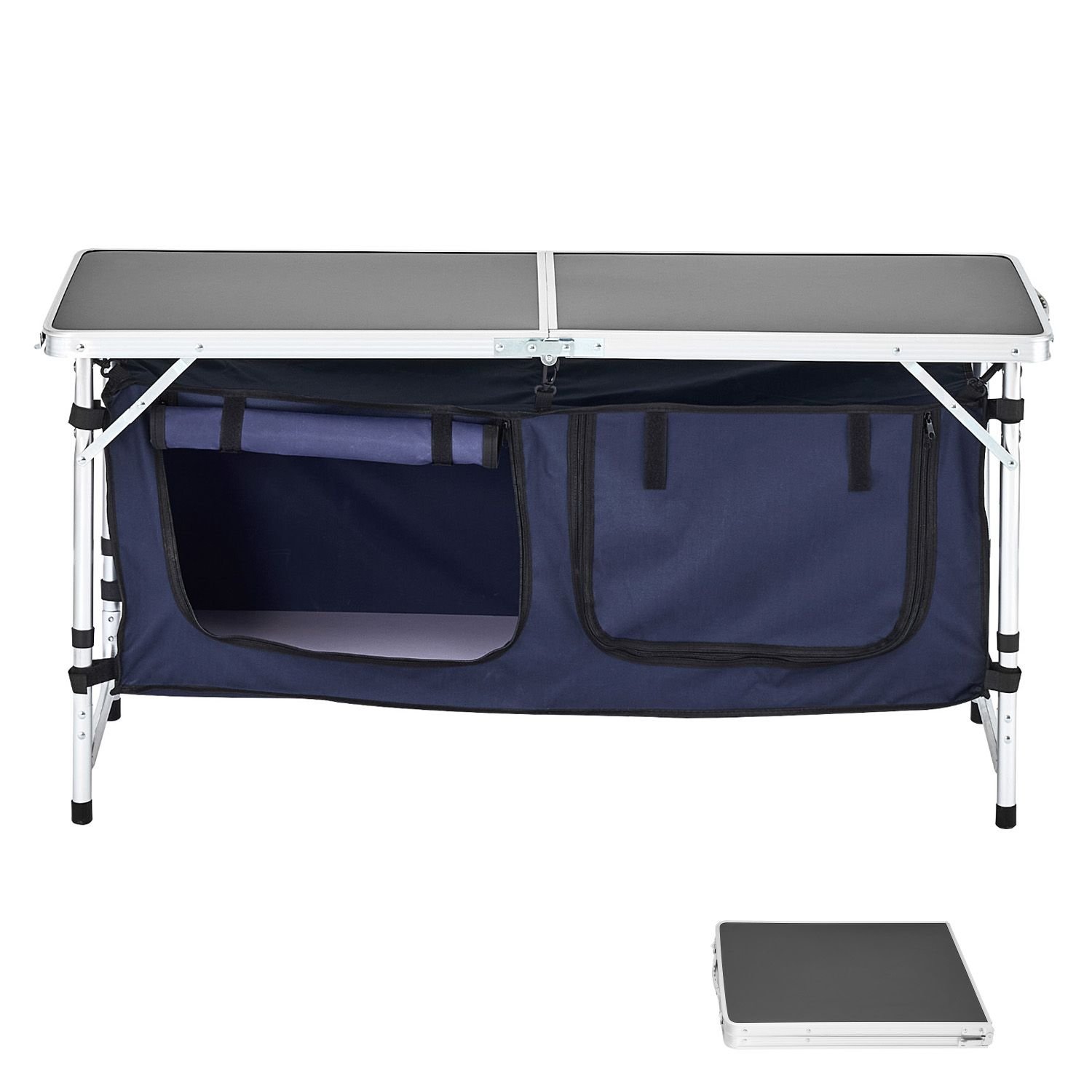 camping kitchen table, folding outdoor cooking table, 3 adjustable height, aluminum lightweight portable cook station with storage organizer, carry handle, for bbq party picnic rv travel, blue