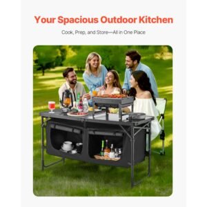 camping kitchen table, folding outdoor cooking table, 3 adjustable heights, aluminum lightweight portable cook station with storage organizer, carry handle, for bbq party picnic rv travel, black