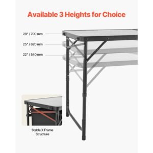 camping kitchen table, folding outdoor cooking table, 3 adjustable heights, aluminum lightweight portable cook station with storage organizer, carry handle, for bbq party picnic rv travel, black