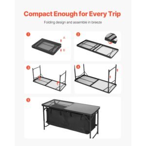 camping kitchen table, folding outdoor cooking table, 3 adjustable heights, aluminum lightweight portable cook station with storage organizer, carry handle, for bbq party picnic rv travel, black