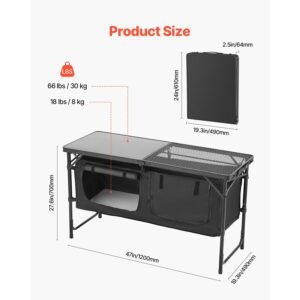 camping kitchen table, folding outdoor cooking table, 3 adjustable heights, aluminum lightweight portable cook station with storage organizer, carry handle, for bbq party picnic rv travel, black