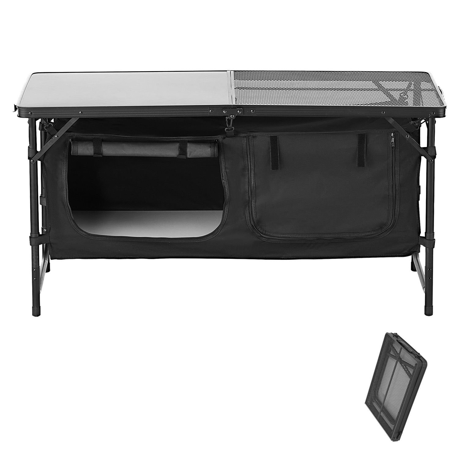 camping kitchen table, folding outdoor cooking table, 3 adjustable heights, aluminum lightweight portable cook station with storage organizer, carry handle, for bbq party picnic rv travel, black