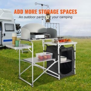 camping kitchen table, folding outdoor cooking table with storage carrying bag, aluminum cook station 1 cupboard & detachable windscreen, quick set up for picnics, bbq, rv traveling, black