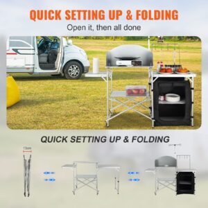 camping kitchen table, folding outdoor cooking table with storage carrying bag, aluminum cook station 1 cupboard & detachable windscreen, quick set up for picnics, bbq, rv traveling, black