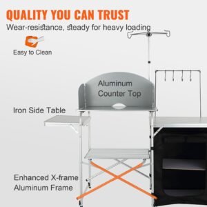 camping kitchen table, folding outdoor cooking table with storage carrying bag, aluminum cook station 1 cupboard & detachable windscreen, quick set up for picnics, bbq, rv traveling, black
