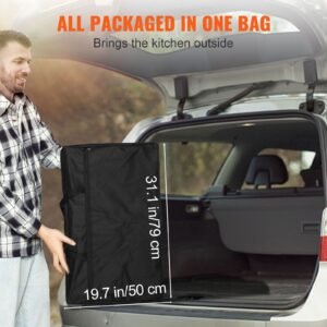 camping kitchen table, folding outdoor cooking table with storage carrying bag, aluminum cook station 1 cupboard & detachable windscreen, quick set up for picnics, bbq, rv traveling, black