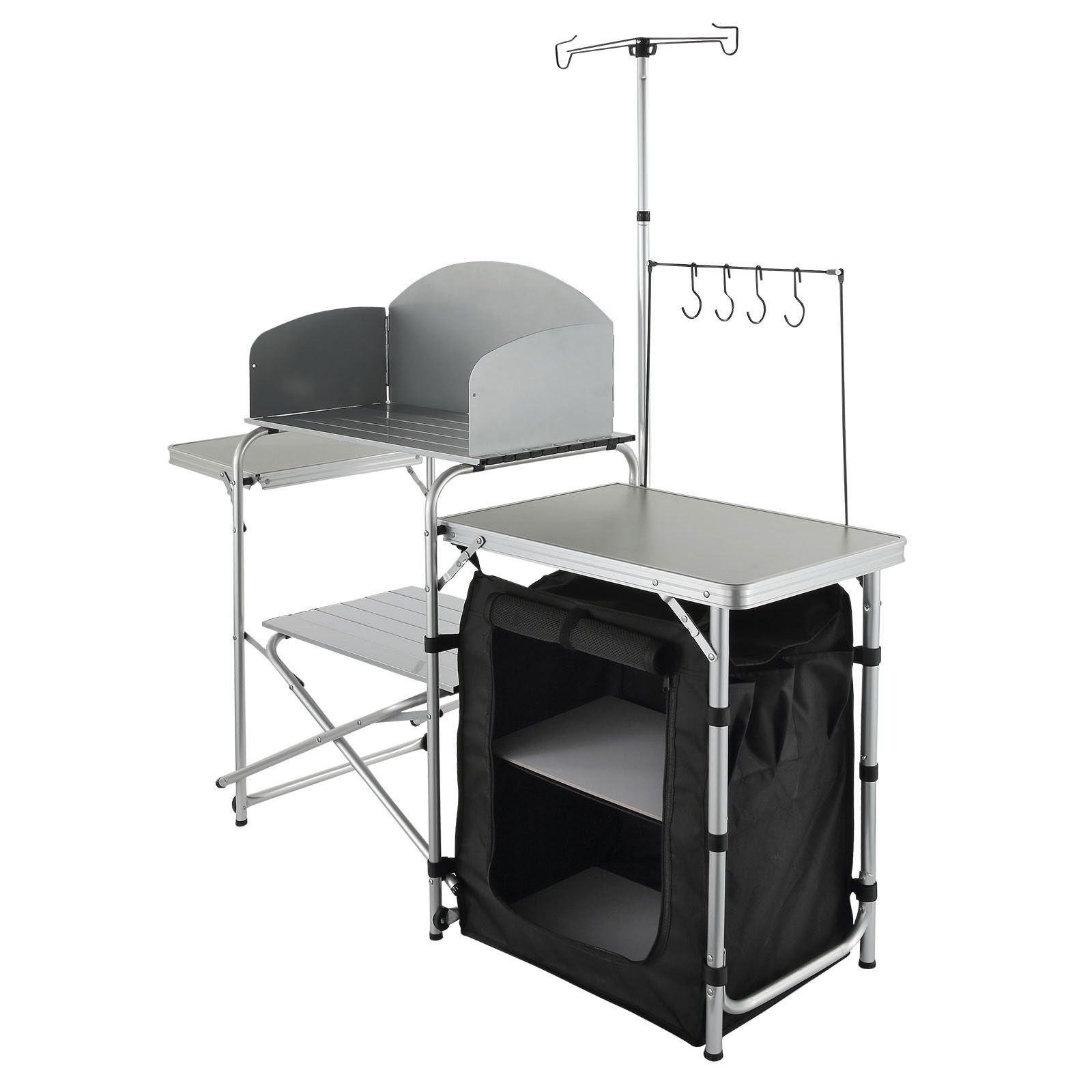 camping kitchen table, folding outdoor cooking table with storage carrying bag, aluminum cook station 1 cupboard & detachable windscreen, quick set up for picnics, bbq, rv traveling, black