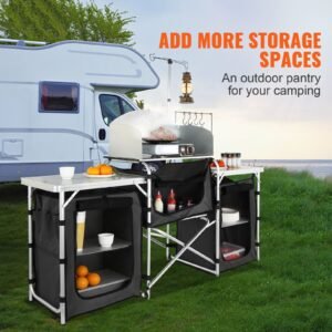 camping kitchen table, folding outdoor cooking table with storage carrying bag, aluminum cook station 3 cupboard & detachable windscreen, quick set up for picnics, bbq, rv traveling, black