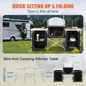 camping kitchen table, folding outdoor cooking table with storage carrying bag, aluminum cook station 3 cupboard & detachable windscreen, quick set up for picnics, bbq, rv traveling, black