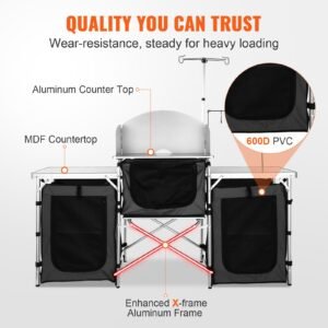 camping kitchen table, folding outdoor cooking table with storage carrying bag, aluminum cook station 3 cupboard & detachable windscreen, quick set up for picnics, bbq, rv traveling, black