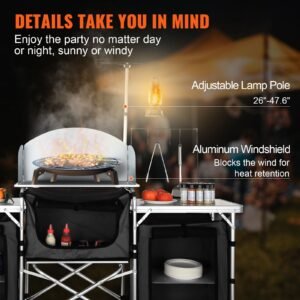 camping kitchen table, folding outdoor cooking table with storage carrying bag, aluminum cook station 3 cupboard & detachable windscreen, quick set up for picnics, bbq, rv traveling, black