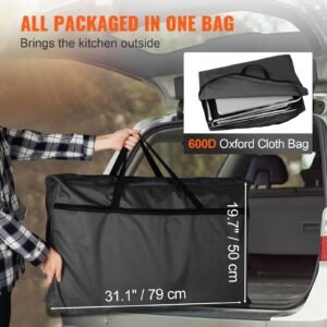 camping kitchen table, folding outdoor cooking table with storage carrying bag, aluminum cook station 3 cupboard & detachable windscreen, quick set up for picnics, bbq, rv traveling, black
